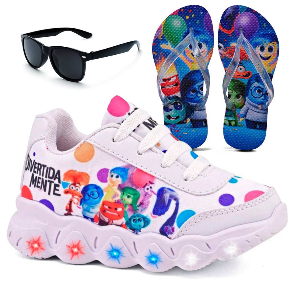 Kit Tênis Infantil Menina Divertidamente Com Led + Chinelo Infantil + Óculos Infantil