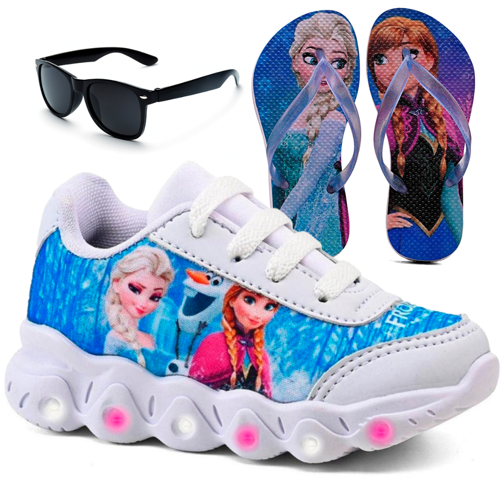 Kit Tênis Infantil Frozen Com Led Casual + Chinelo Infantil + Óculos Infantil