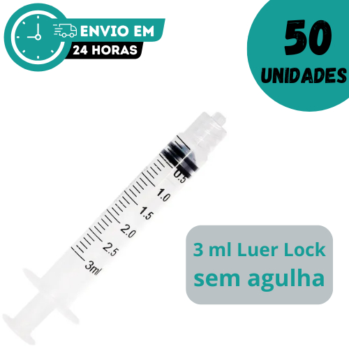 50 Seringas Descartável 3 mL SEM AGULHA Bico Luer Lock (Rosca)
