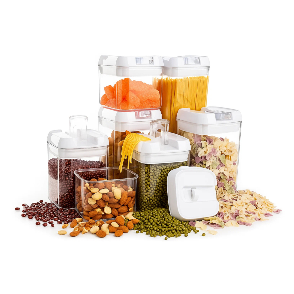 Kit 7 Potes Herméticos Porta Mantimentos Acrílico Empilháveis Quadrado Resistente Cozinha Dispensa