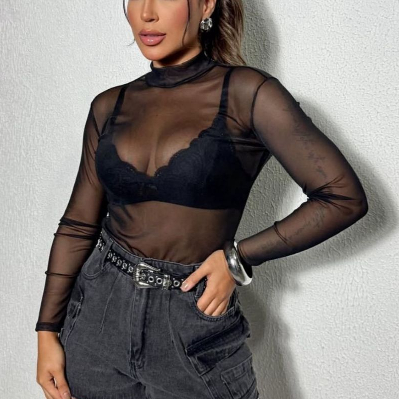 Body Tule Transparente Manga Longa Preto Bori Festa NoitBalada Aniversario Sexy Moda Feminina Verão Natal Bori Estiloso