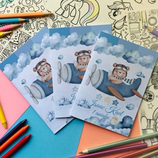 Revistinha de colorir Ursinho Aviador azul lembrancinhas A6 (10x15 cm). em Oferta na Shopee