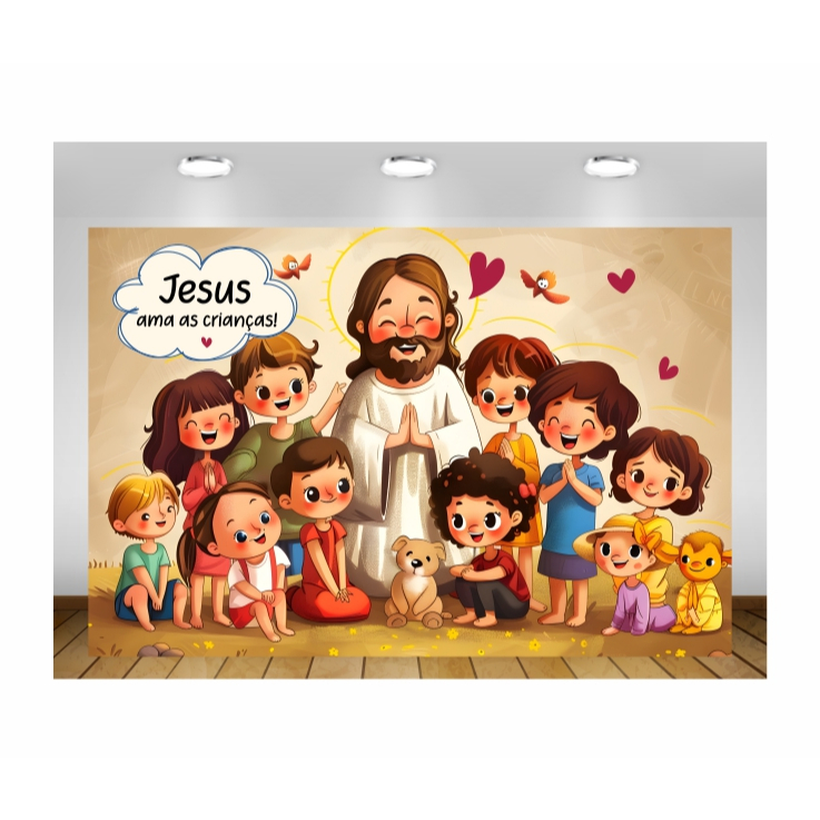 Painel de Festa Jesus Ama as Crianças Painel de Lona Jesus com Crianças Bíblico Cristão Escolinha Bíblica
