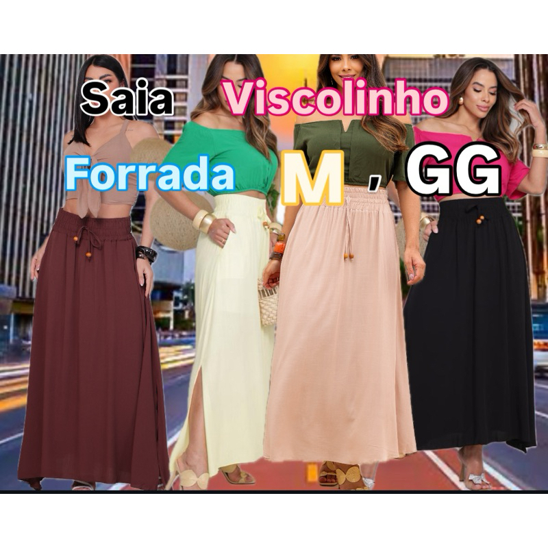 Saia Longa Viscolinho Com Bolsos Com Fenda Lateral Forrada Moda Casual     M/GG