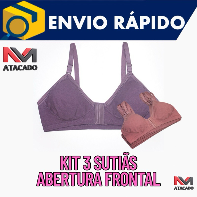 Kit 3 Sutiãs com Fecho Frontal | Sem Bojo | Algodão Confortável | P ao GG em Oferta na Shopee