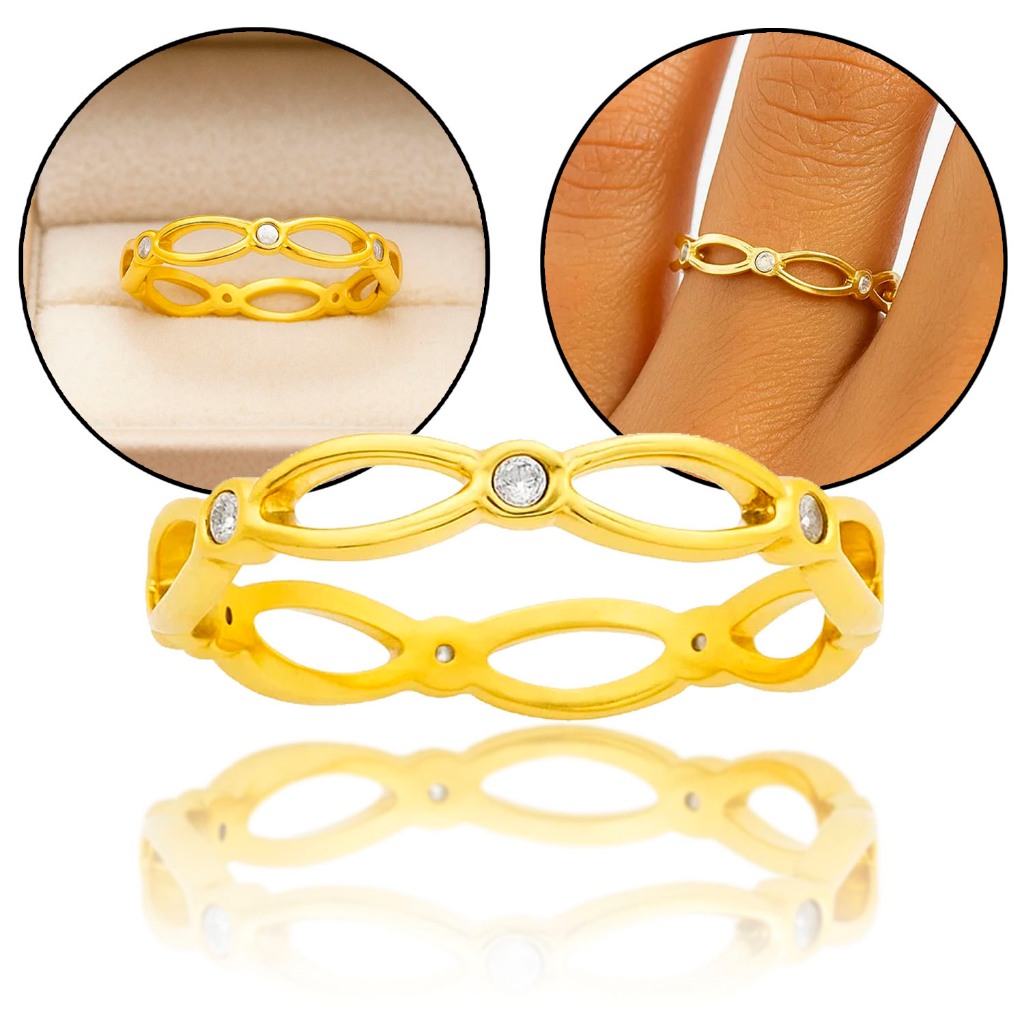 Anel Feminino Vazado com Pedras em Moeda Antiga Elegante Delicado Resistente Presente