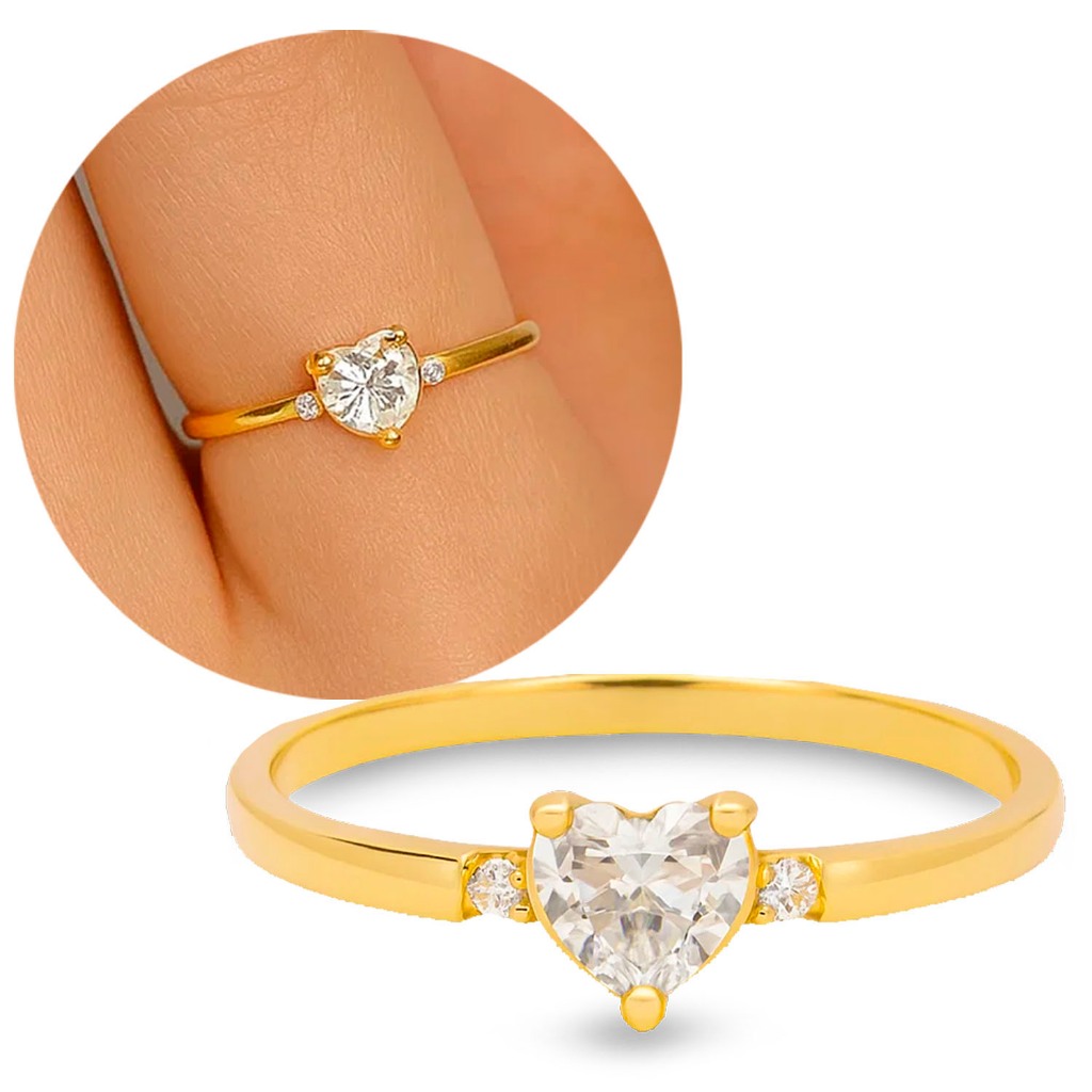 Anel Feminino Coração Pedra Zircônia Moeda Antiga Original Romântico Cor Ouro