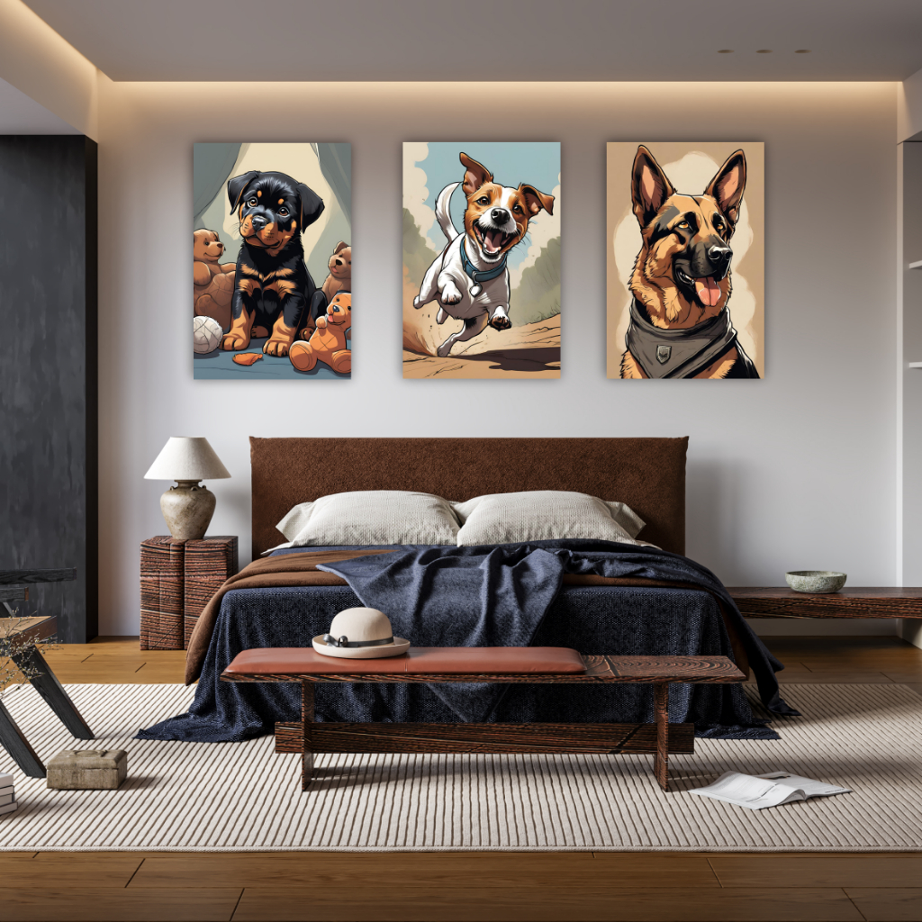 Quadro Decorativo Cachorro Pet Shop Divertido Pit Bull Rottweiler Para Parede Decoração 3 Peças