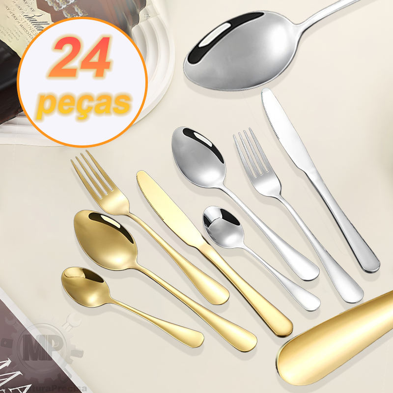 Kit 24 Jogo De Talheres Para Bife Aço Inoxidável 416 Dourados/Pratas Com Colher Pequena em Oferta na Shopee