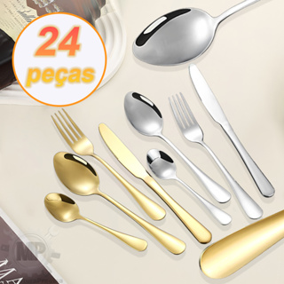 Kit 24 Jogo De Talheres Para Bife Aço Inoxidável 416 Dourados/Pratas Com Colher Pequena em Oferta na Shopee