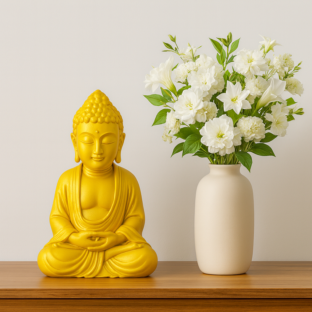 Imagem Estátua Buda, dourado, decorativo, escultura, meditação, zen, impressão 3D, PLA, decoração.