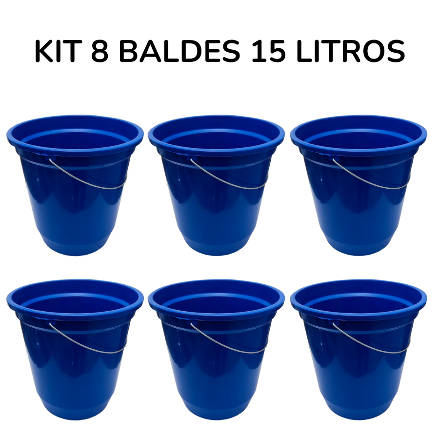 Kit 8 Baldes Limpeza 15 Litros Plástico Reforçado Grandes Multiuso