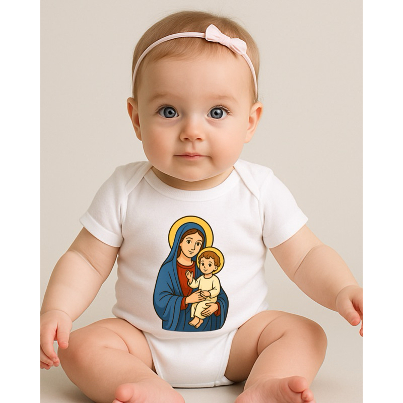 Body Bebê Nossa Senhora e o Menino Jesus| Unissex Algodão| Fé Mêsversário Oração