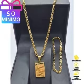 Kit Corrente e Pulseira Masculina Gominho com Pingente "Tudo Posso" - Aço Inoxidável 316L Dourado em Oferta na Shopee