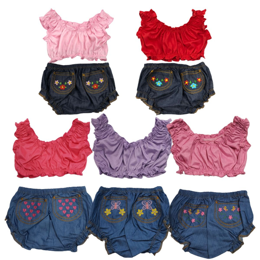 Conjunto para Bebê Cropped e Shorts Jeans com bordado combinando com o Top (Top e Tapa Fralda)