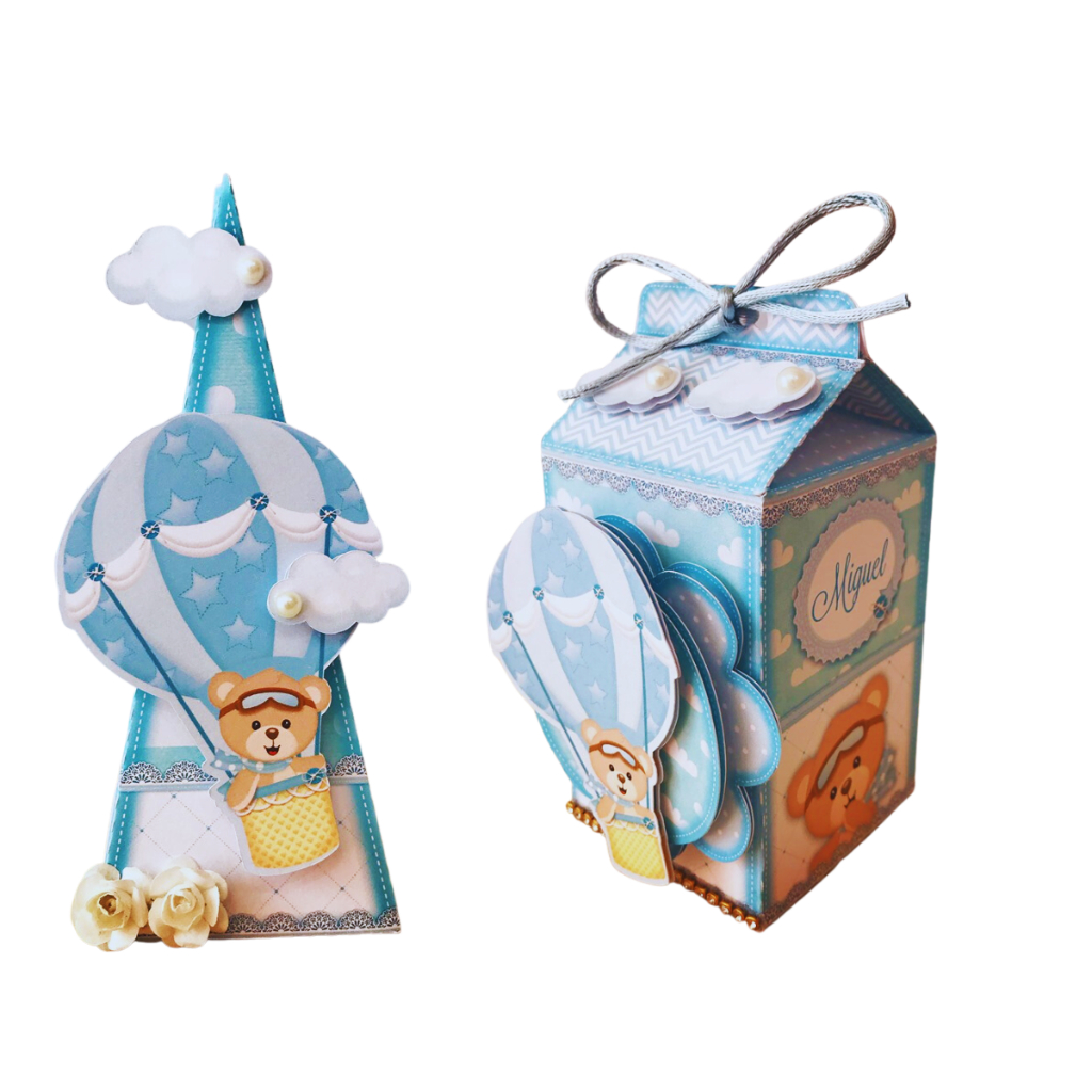 Kit 20 Caixas Milk e Cone Ursinho Baloeiro Personalizadas com Nome - Chá de Bebê e Revelação