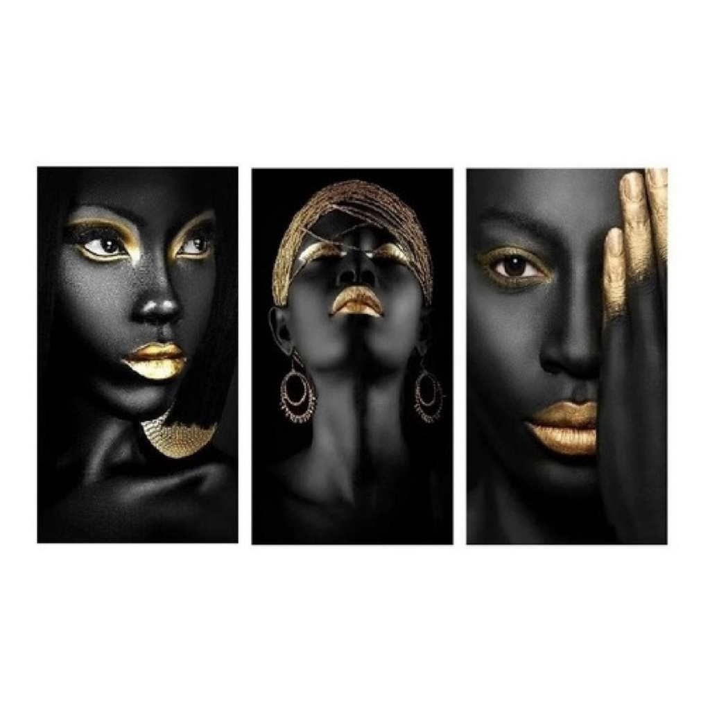 Kit 3 Placas Grandes Quadros Decorativos Mosaico Mulheres Africanas Maquiagem Dourada Cozinha Quarto Sala Escritório em Oferta na Shopee