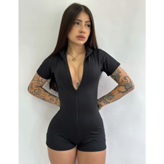 Macaquinho Feminino Manga Longa Academia Preto Suplex Liso Moda Verão Praia