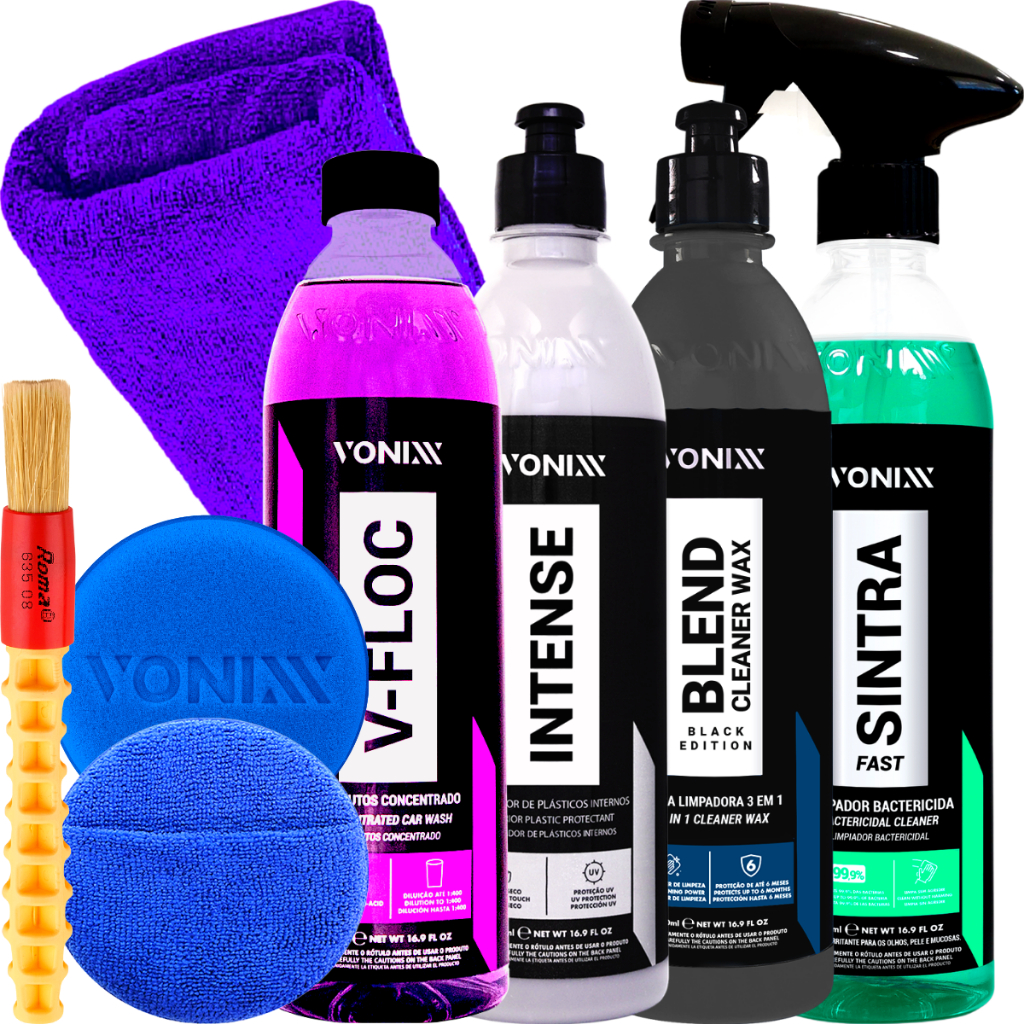 Kit Shampoo Concentrado V-Floc Intense Cera Blend Cleaner Black Sintra Fast Aplicador Microfibra Pincel Roma