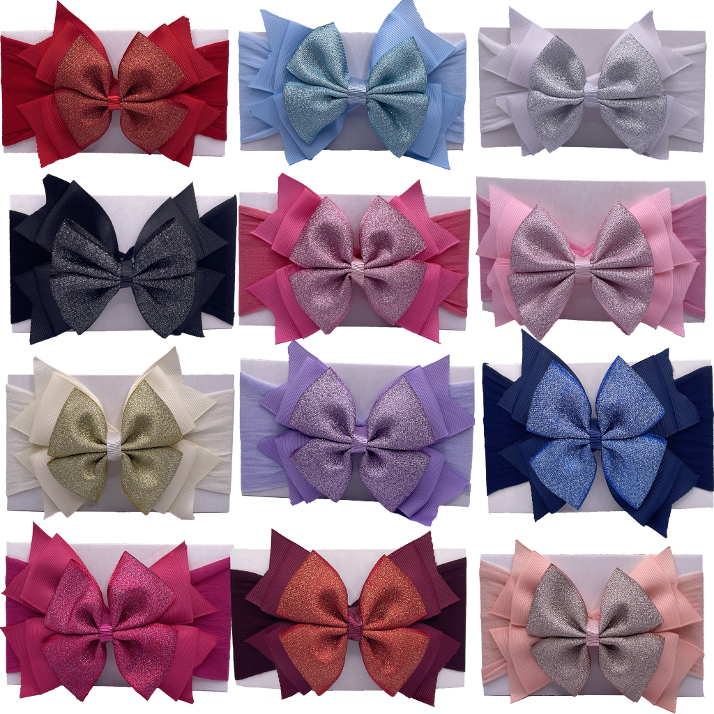 KIT 10 Faixa de Cabelo com laço Brilho Infantil Bebe Meia De Seda Mod 16