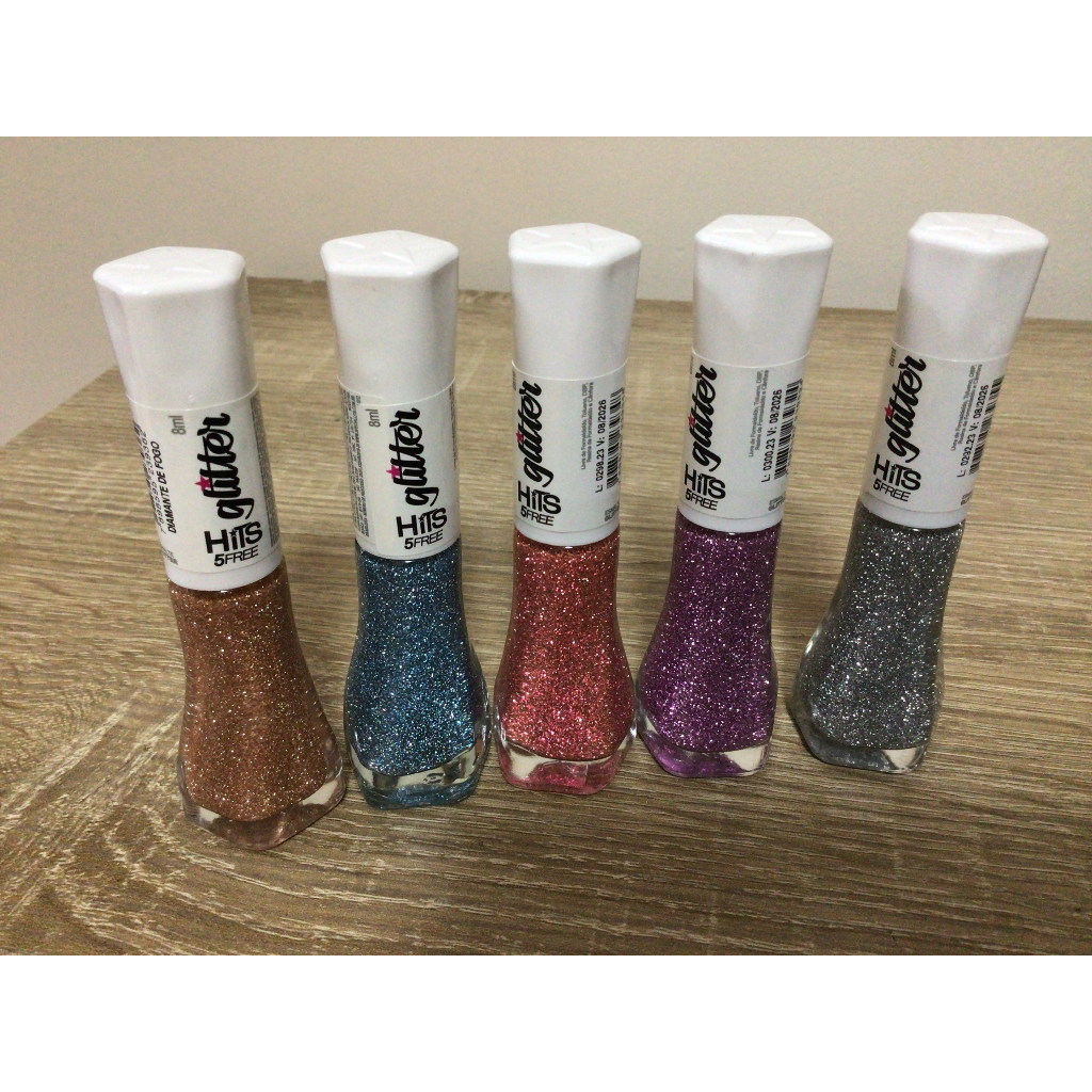 Kit com 5 esmaltes Hits Diamante gliters refletivos (fogo, sakura, estrela, lua azul, rosa eterno)