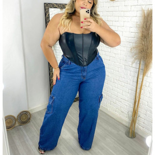 Produto CALÇA CARGO PLUS SIZE JEANS LAVAGEM CINTURA ALTA CALÇA WID LEG LISA COM BOLSO LATERAL