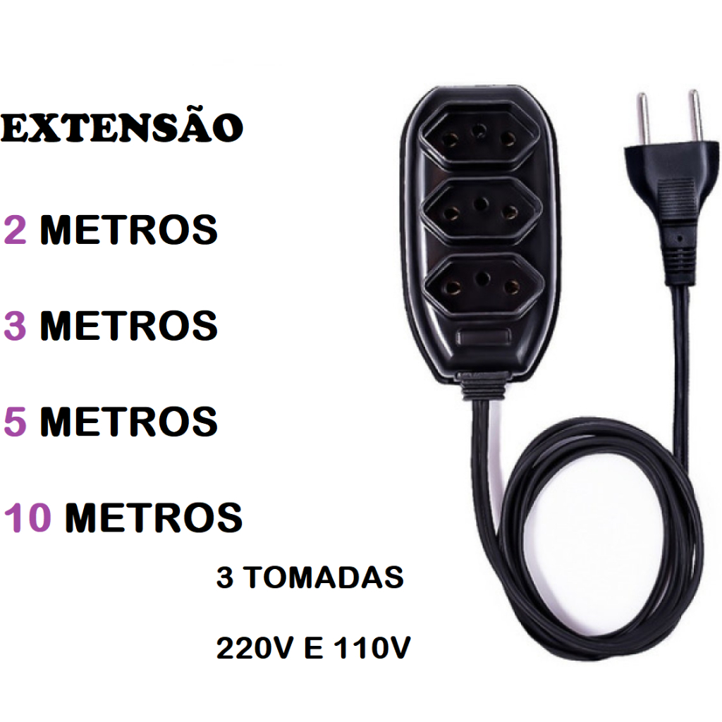 Extensão Elétrica Extensão de Energia 3 Tomadas Compacta Bivolt 2, 3, 5 e 10 Metros Resistente