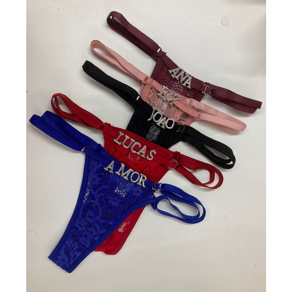 Tanga de renda sensual com regulagem Personalizada com nome ou palavras