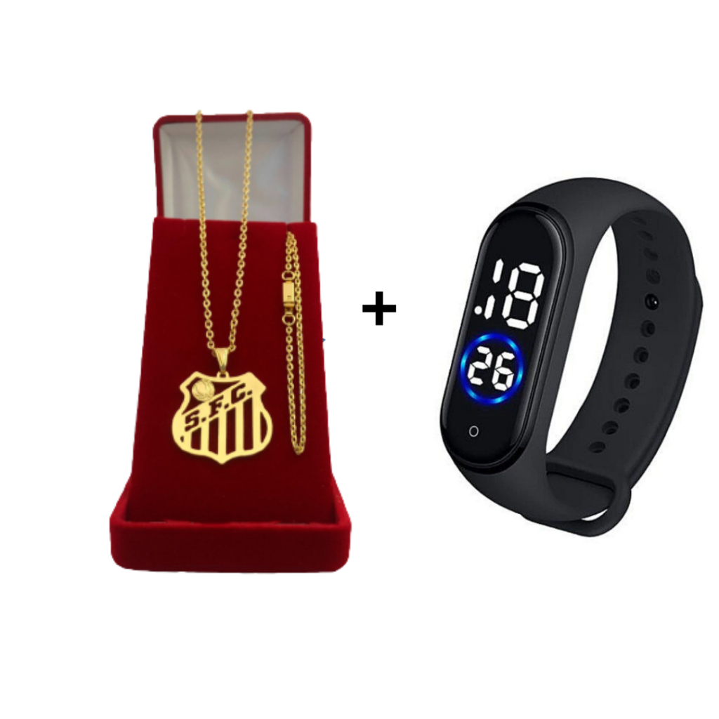 Corrente Masculina Cadeado 2mm Com Pulseira Pingente de Time Banhado a Ouro + Relógio Digital Prova Dagua + Correntinha Masculina