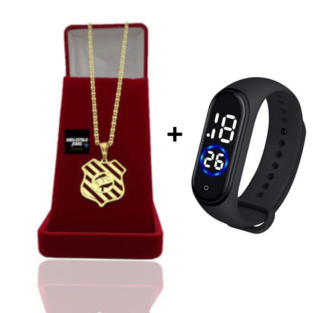Corrente Masculina Piatrini 3mm Com Pulseira Pingente de Time Futebol Banhado a Ouro + Relógio Digital Prova Dagua + Correntinha Masculina