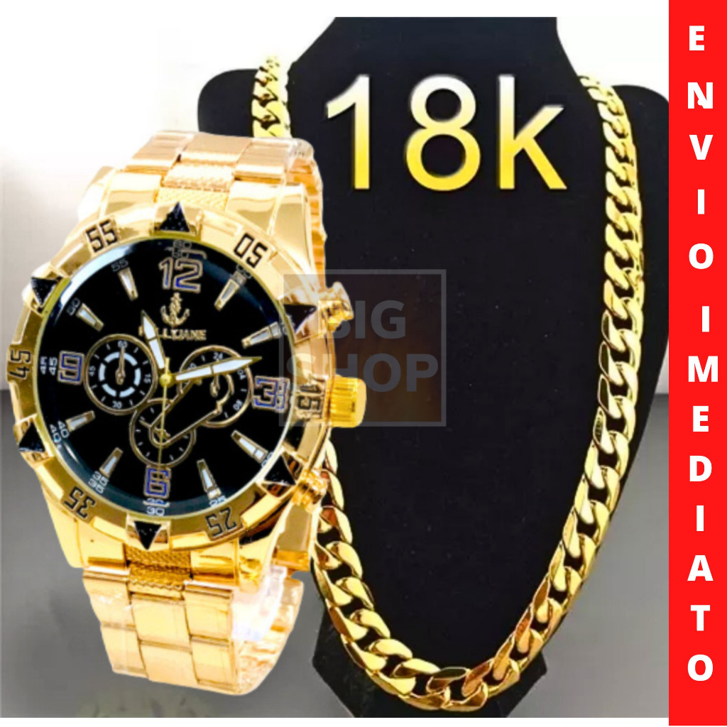 Relógio Masculino Dourado Preto Aço De Pulso + Corrente Pesada Grossa Metal Aço