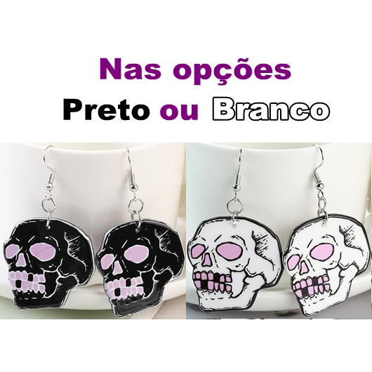 Par de Brinco Psicodelico Preto Skull Caveira Dark Halloween De Acrilico Dark Rock