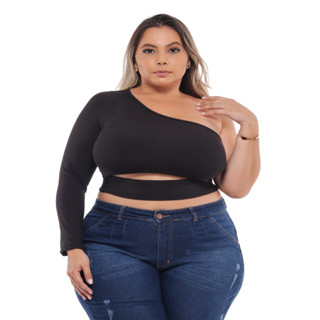 Cropped Canelado Manga Longa mula Manga Um ombro Sem bojo Plus Size