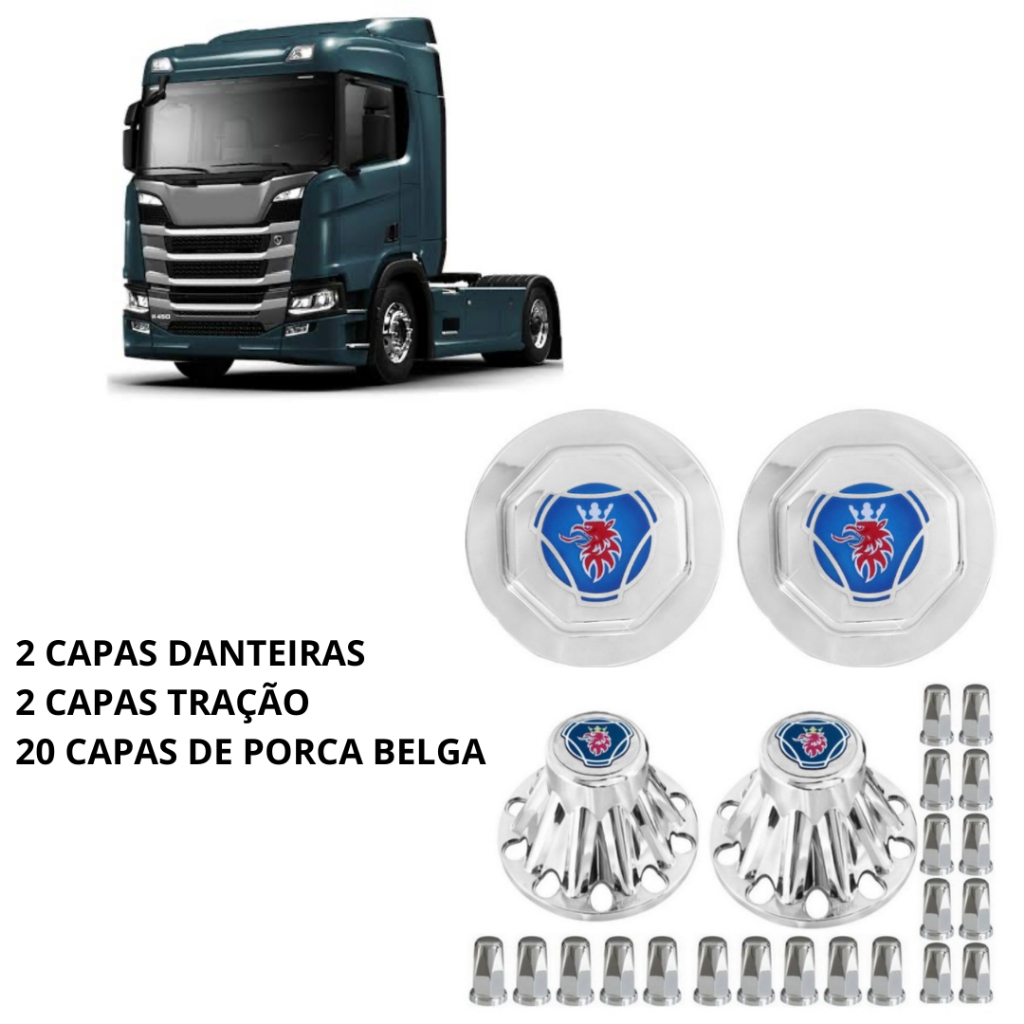 2 Tampas Aplique Cubo Cromada Azul Dianteiro Caminhao Sc S5 + Traçao + 20 Capas de Porca Belga 18mm
