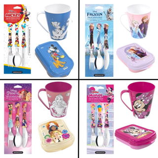Talher Infantil Colher Garfo Faca + Caneca + sanduicheira Disney Mickey Minnie Frozen Princesas em Oferta na Shopee