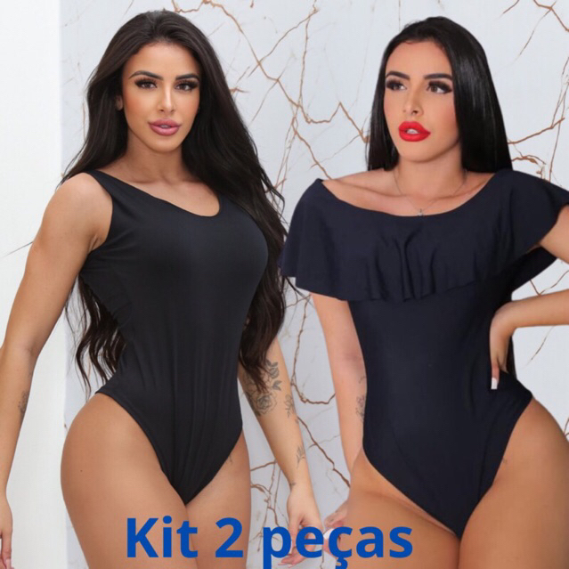 kit 2 peças body maiô regata elástico nas costas + body babado cor preta