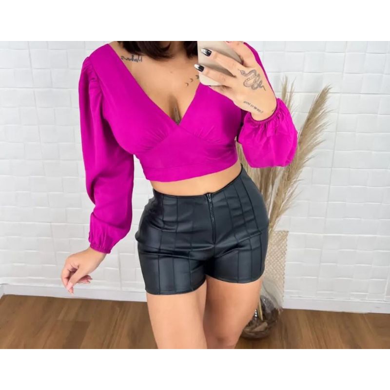 Short Feminino Zara Short Courino Cintura alta