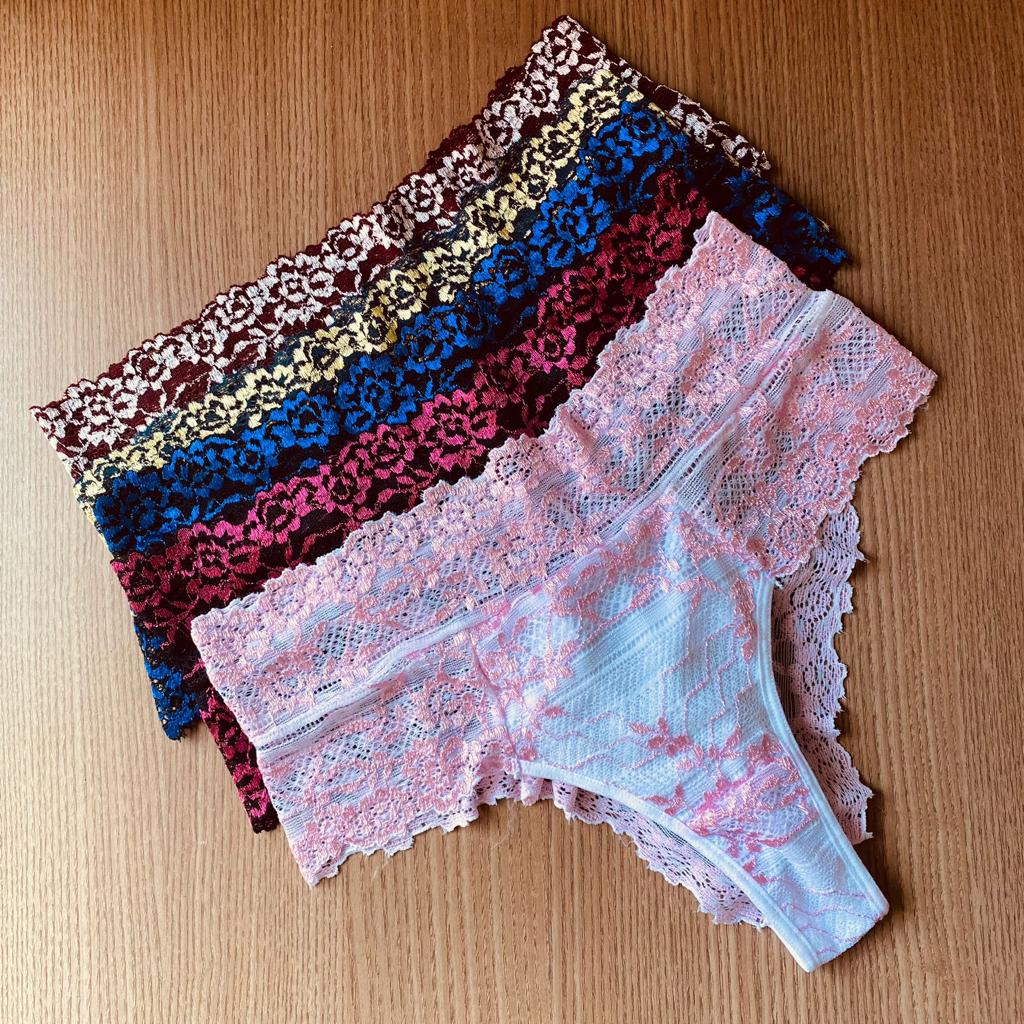 Kit 5 Lingerie Calcinha Plus Size de Renda Bicolor Cintura Alta Lingerie Plus Size