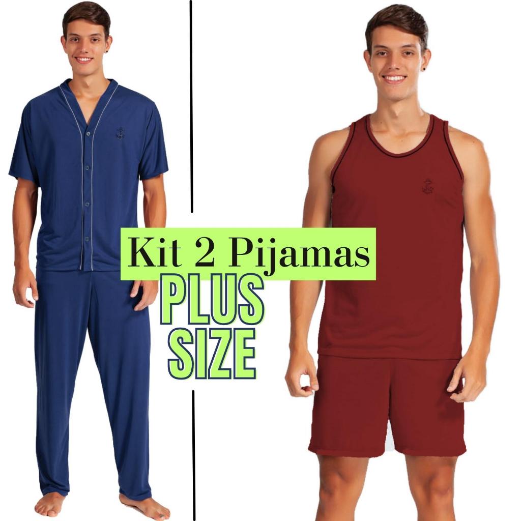 Kit 2 - Pijama Plus Size Adulto Masculino Sendo 1 Camisa Manga Curta + 1 Camisa Regata E Short