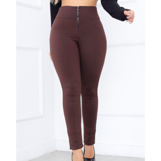 Calça Montaria Feminina Skinny Flanelado Ziper E Bolso Elegante Casual Cintura Alta Modeladora