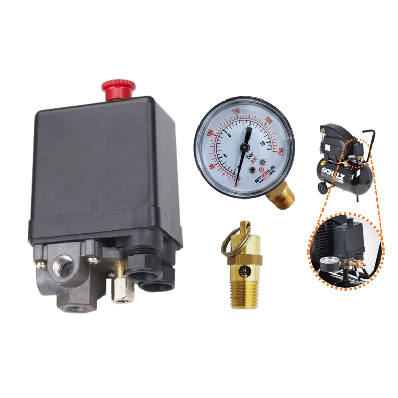 Peças para Compressor Pressostato 135-175 Libras Com Botão Liga e Desliga Valvula de Segurança 175 PSI