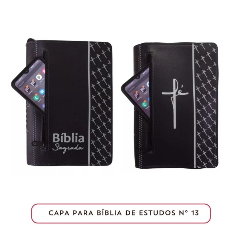 Capa para Bíblias De Estudos N° 13 Preta Com Zíper e bolso externo Fé, Bíblia,/ Porta Bíblia/ Capa Livros sintético