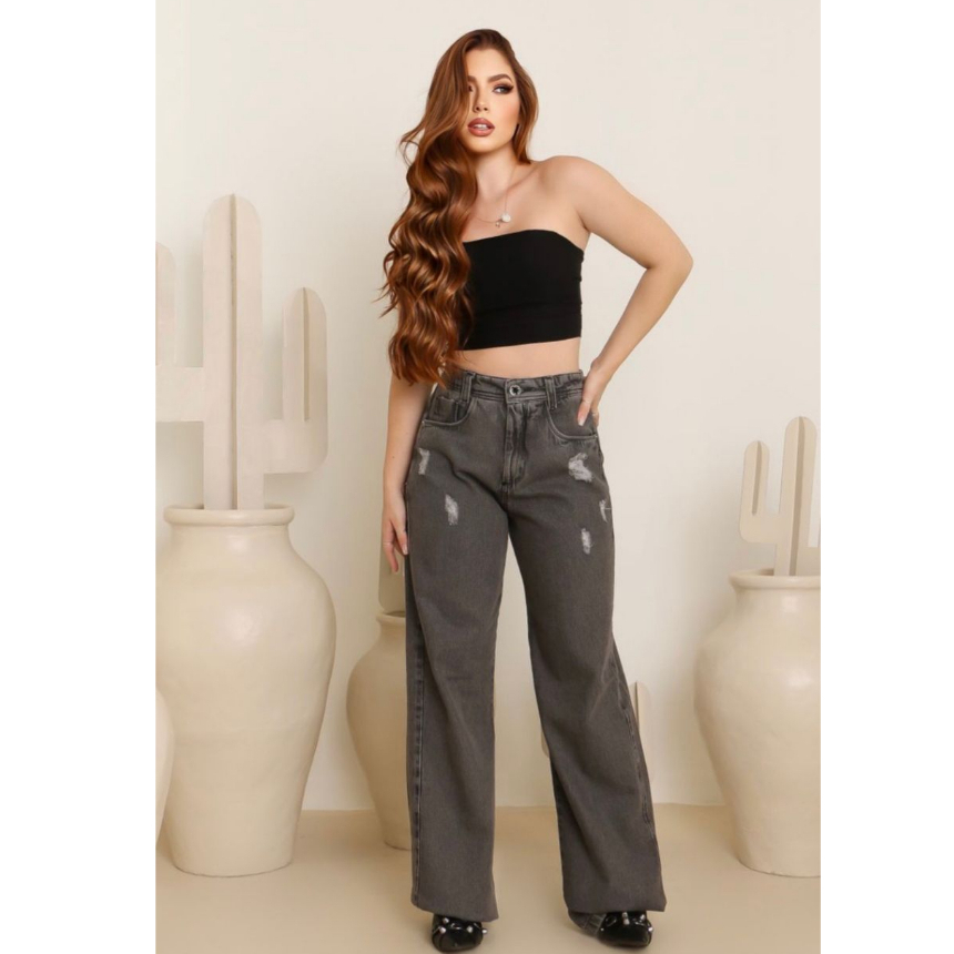 Calça Jeans feminina Wide leg Pantalona Cintura Alta Destroyed Cinza Grafite