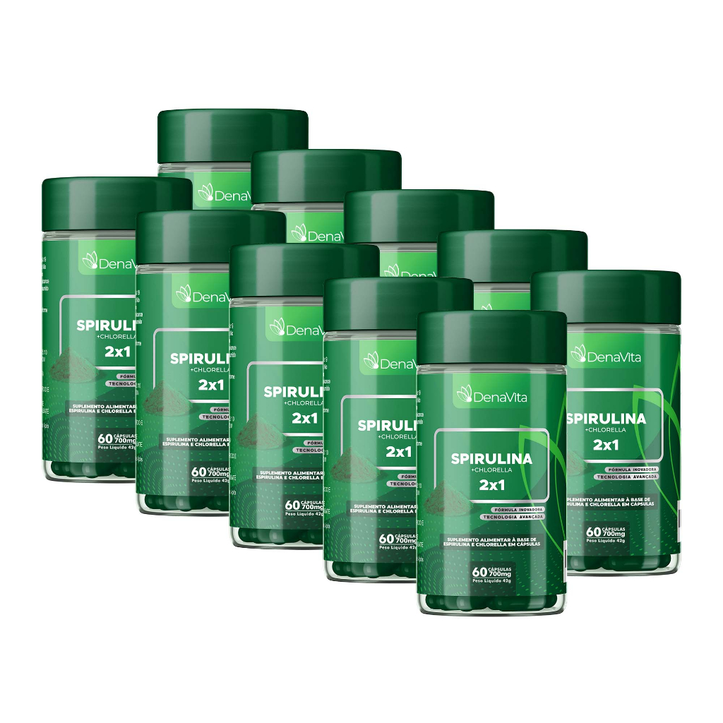 Kit 10x Spirulina com Chlorella 2x1, 700mg, Fonte de Proteínas, Vitamina B, Selênio, Suplemento Alimentar - 600 Cápsulas - DENAVITA