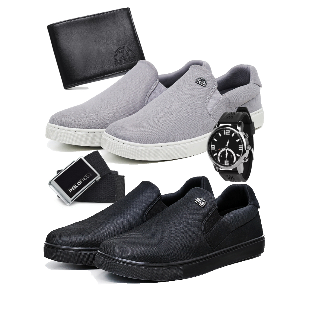 Kit 2 Tênis Masculino Slip On Sapatênis Casual Básico Polo Fran Com Carteira Cinto e Relógio- Bali — imagem 2 de 2