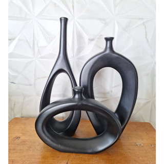 Kit Trio Vasos Estilizados Centro Mesa Decoração Sala Plantas e Flores Contem 3uni Preto Fosco