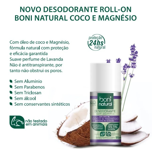 Desodorante Vegano SEM Álcool e SEM Alumínio Roll-On 55ml Coco e Magnésio Perfume de Lavanda Boni Natural