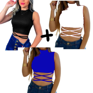 Kit 3 Cropped Top Blusinha Gola Alta Jade Malha Canelada promoção