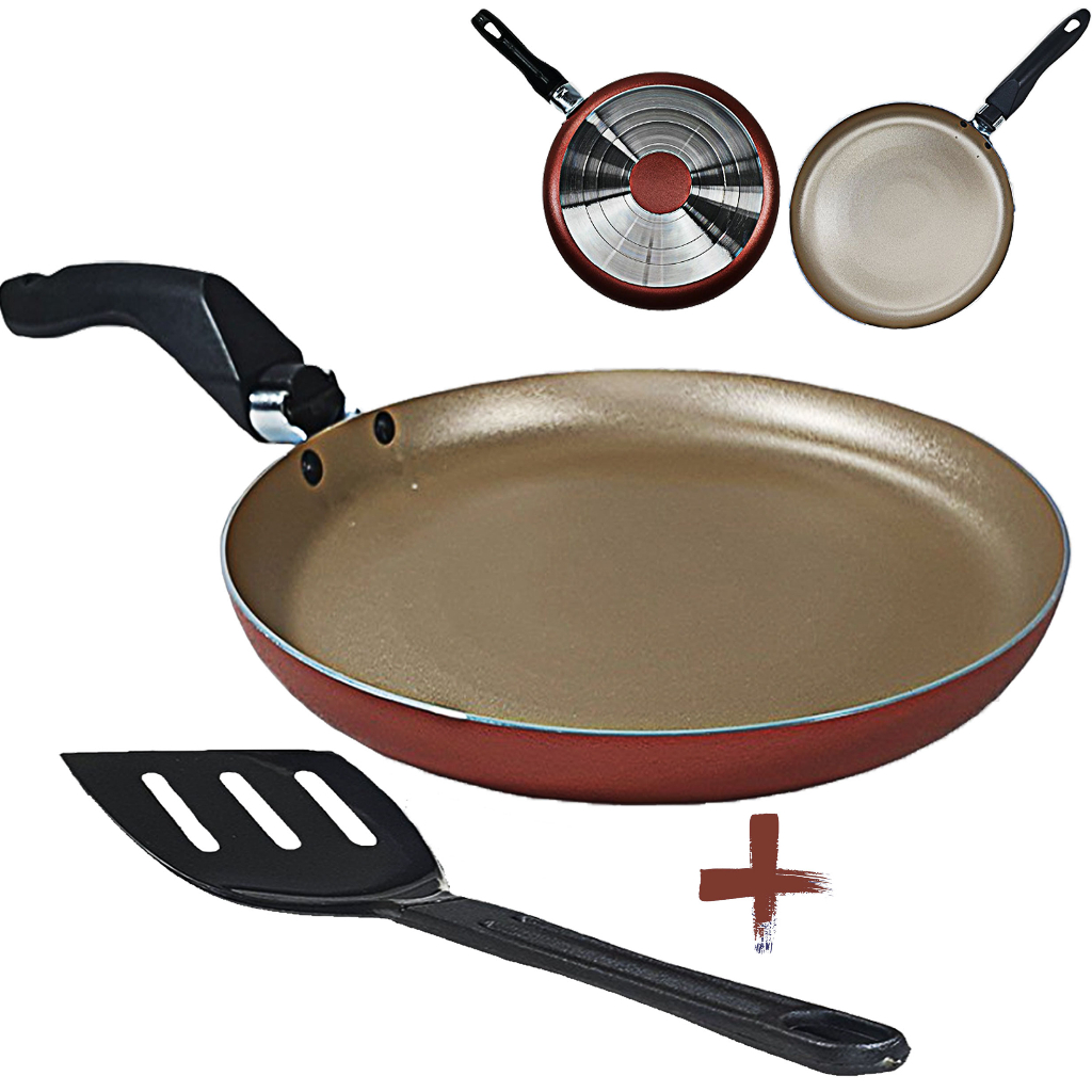 Panquequeira, Tapioqueira, Crepeira 22 Cm Antiaderente Com Espátula Com 5 Camadas De Teflon Cor Cereja E Dourado Gold Beiju Alumínio Grosso