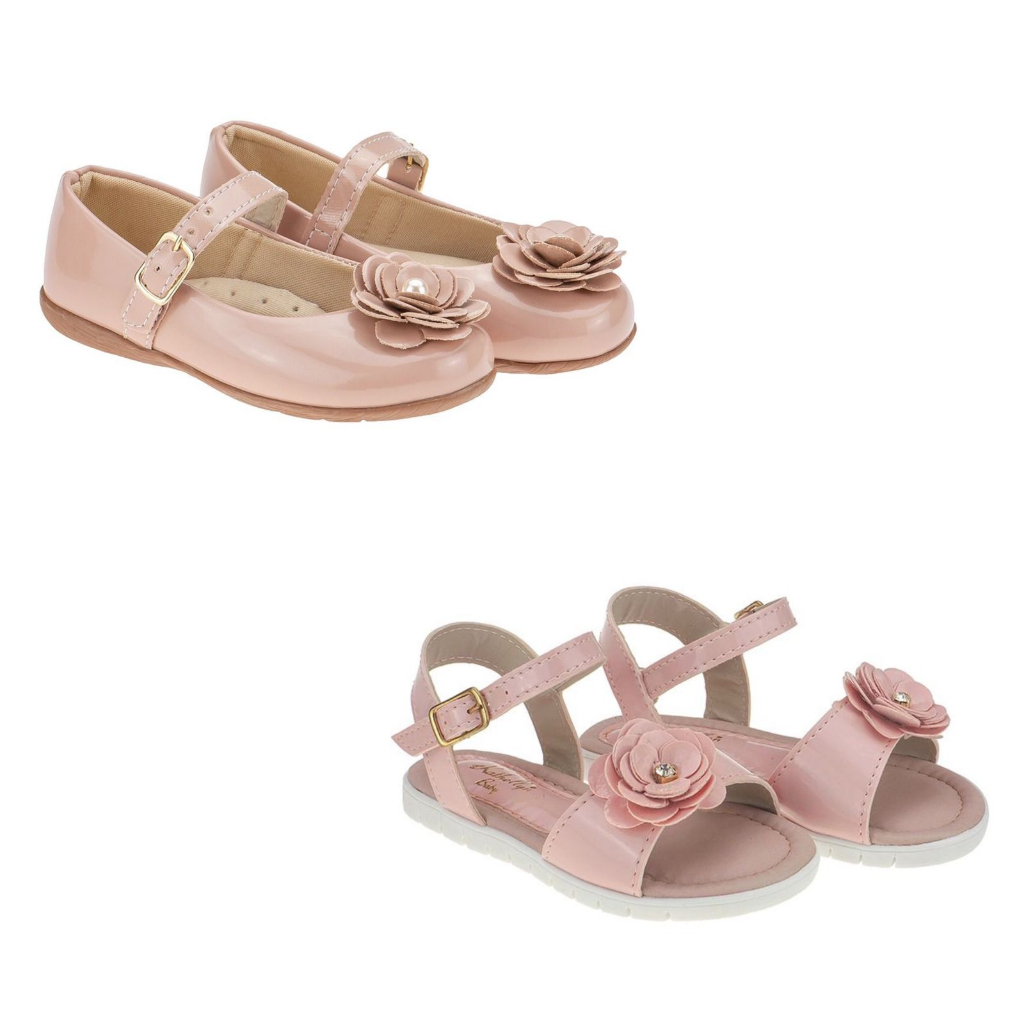 Kit 2 Pares Sapatilha Flor Nude Infantil Feminina e Sandália Feminina